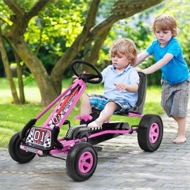Costzon Go Kart for Kids, 4 Wheel Off-Road Pedal Go Cart w/Adjustable Seat, Steering Wheel, 2 Safety Brakes, EVA Rubber Tires, Ride-On Toys for Boys & Girls, Outdoor Racer Ride On Pedal Car (Pink)