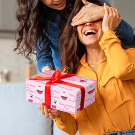 LeZakaa Cupcake Birthday Wrapping Paper Roll for Daughter, Pink Cupcake, Happy Birthday to my Lovely Daughter Gift Wrap for Daughter's Birthday of All Ages, Baby Girl, Mini Roll, 17inches x 16.4Feet