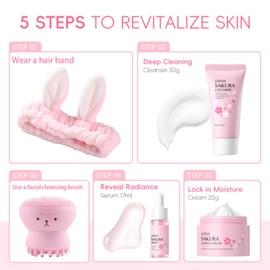 Sakura Skincare Set, Skincare Set Sakura Teen Girls Gifts, Skincare for Teens 10-12, Gift Set for Teenage Girls, hydrating routine with cleanser, serum, cream, headband, cleansing brush