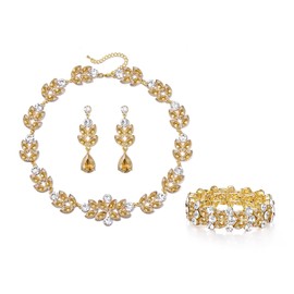 EVER FAITH Wedding Jewellery Sets for Bridal Rhinestone Crystal Flowers Leaf Teardrop Statement Choker Necklace Dangle Earrings Bracelet Set for Women, Crystal