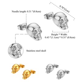 2 Pairs Punk Stainless Steel Stud Skull Earrings,Cupimatch Mens Silver Black Rock Ear Piercing Earrings (Gold Silver)