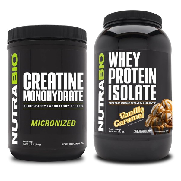 NutraBio NutraBio Creatine Monohydrate, Unflavored, 500g and Whey Protein Isolate,