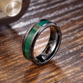 King Will NATURE 8mm Mens Black Tungsten Carbide Wedding Ring Green Wood Inlaid Mens Ring Comfort Fit 8.5