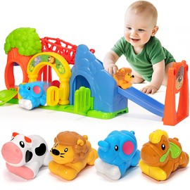 BAYSING Toys for Toddler 1, 2, 3 Year Old Boy and Girl, Zoo Animal Slide Playset with 4 Animal Cars, Open-Ended Interactive Toy for Cultivate Imagination, Gifts for 12-18+ Months Kids