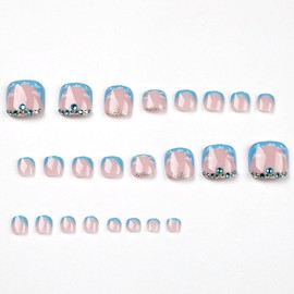 BAOYAALIN Press on Toenails Short Square French Tips Blue Rhinestones Fake Toe Nails Acrylic False Artificial Glue on Toenails Summer Stick on Toe Nails for Women 24Pcs in 12 Sizes
