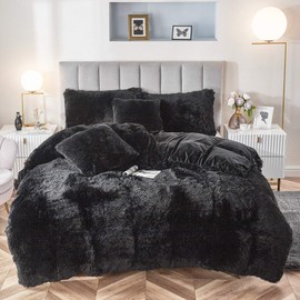 Uhamho Faux Fur Velvet Fluffy Bedding Duvet Cover Set Down Comforter Quilt Cover with Pillow Shams, Ultra Soft Warm (Black, King)