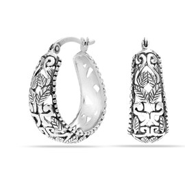 Charmsy Valentines Day Earrings 925 Sterling Silver Antique Floral Filigree Hoop Earrings for Women Light-Weight Small Oval Hoop Earrings for Women Teen 23mm