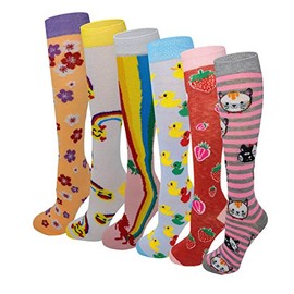 Girls Youth Baby Children's Novelty Design Knee High Socks (L (FIt Kids Shoes 9 to Big Kids 4), 6 Pairs Fancy Design)