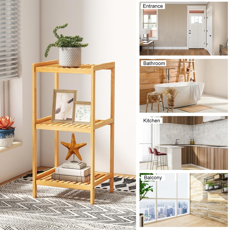 kinbor 3-Tier Bamboo Shelf Freestanding - Space-Saving Bathroom Standing Shelf