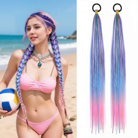 GEFFCC 2 Pack Braid Ponytail Extensions, 26 Inch Braided Ponytail Wig with Elastic Tie for Girls (Purple/Blue/Pink#, 26 Inch (Pack of 2))