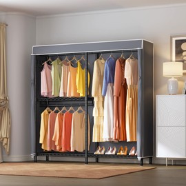 VIPEK V4C Double Clothing Rack Protable Closet for Hanging Clothes, Heavy Duty Garment Rack Metal Wardrobe System with Adjustable Shelves & Side Hooks, Max Load 810lbs, Black Rack with Grey Cover