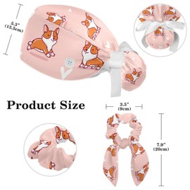 Adjustable Working Cap Pink Cartoon Corgi Bouffant Hat with Buttons Scrub Hat with Bow Hair Scrunchy for Woman