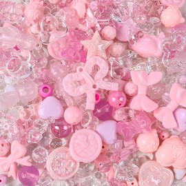Rnigra 180-240PCS Acrylic Beads for Bracelet Making, Flower Bow Butterfly Candy Star Heart Kawaii Bracelet Charms, Cute Beads for Jewelry DIY Necklace Keychain Phone Charms(Pink)