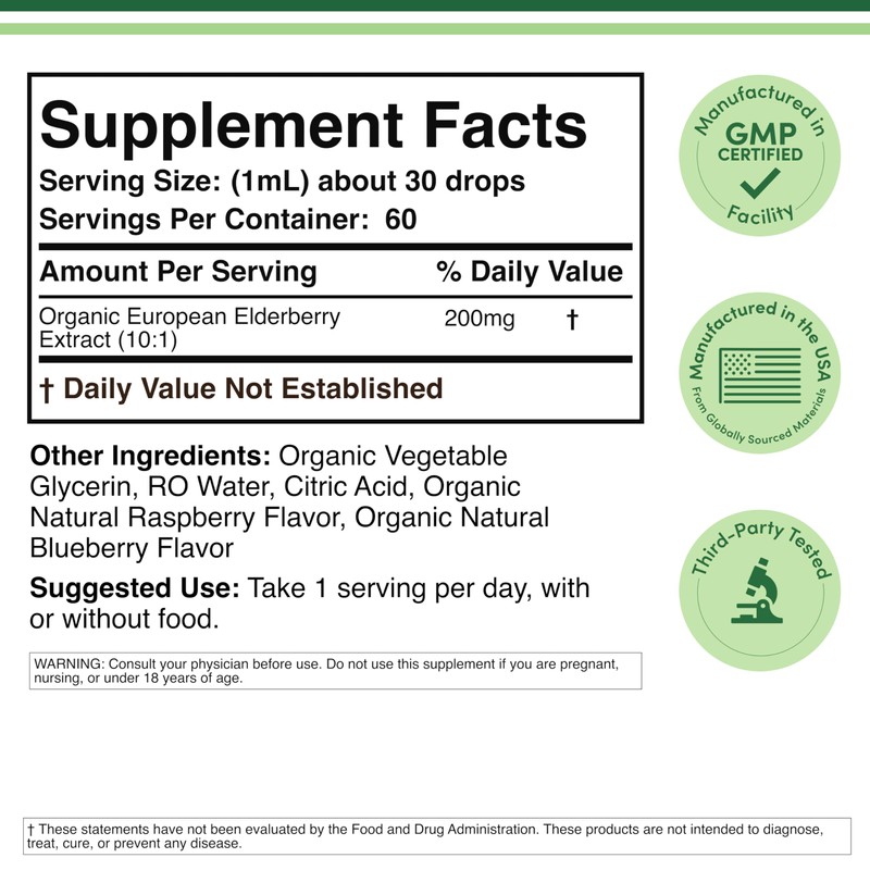 Organic Elderberry Liquid 2 Fl Oz (60 Servings) - Tincture