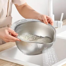 zmart Rice Washer Strainer Bowl Stainless Steel 304 Rice Washing Bowl Rice Sieve Colander Fruit Rice Grinder Rice Washer Kitchen Strainer Colander Stainless Steel Bowl Plastic Bowl Double Structure