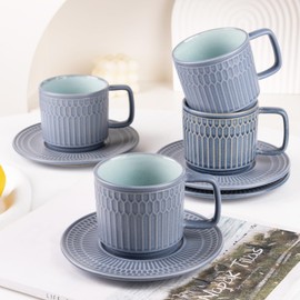 WHITEPEONY Large Cappuccino Cups with Saucers Set of 4, 8 Ounce Stackable Embossed Ceramic Coffee Mugs for Specialty Coffee Drinks, Latte, Cafe Mocha and Tea, Dishwasher & Microwave Safe (Blue)