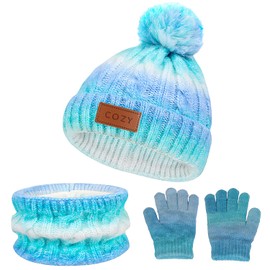 3 Pieces Winter Hat Scarf Glove Set for Women,Fleece Lined Beanie with Pom Pom,Touchscreen Gloves Knit Scarf for Cold Weather (3pcs kid blue)