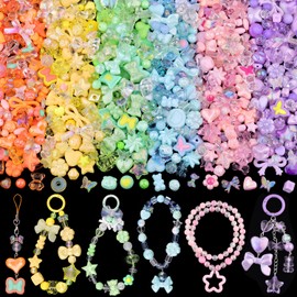 TINKRSTUFF Assorted Acrylic Beads, 260-320PCS 6 Mixed Colors Cute Beads for Bracelet Making, Aesthetic Flower GummyBear Bow Butterfly Kawaii Charms for Jewelry Making DIY Necklace Keychain Phone Charm