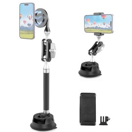 PULUZ Magnetic Cell Phone Car Suction Cup Mount，360°Adjustable Double Ball Head Car Suction Cup Holder with Phone Clamp and Action Camera Mount Adapter Use for Windshield Auto Suction Cups, Black