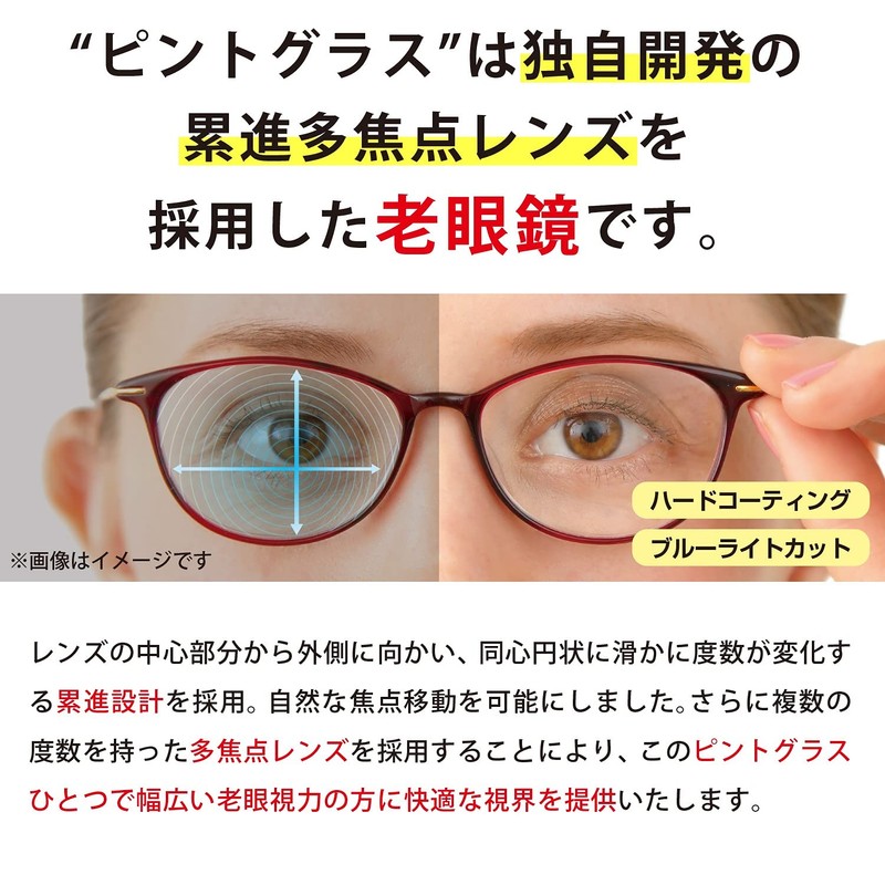 ピントグラス PINTGLASSES 老眼鏡 シニアグラス 軽度 (老眼鏡1本で度数:+0.00D ~ +1.75Dの累進設計) 専用ケース・メガネ拭き付き PG-707L-BK/T