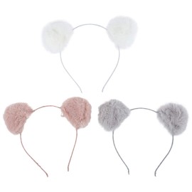 LUX ACCESSORIES Pink White Grey Fluffy Pompoms Style Fashion Headband Set (3pc)