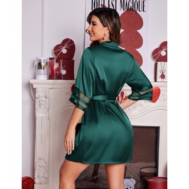 Ekouaer Women's Satin Robe Silk Kimono Bathrobe Bridesmaid Wedding Bridal Party Robes 3/4 Bell Sleeve Sleepwear Dark Green S