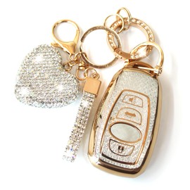 YIKECASE Key Fob Cover with Diamond Keychain Fit for Subaru Car Key Holder Compatible with Subaru Forester Outback BRZ Legacy CrossTrek Smart Remote Key Protector for Women, 4 Buttons (White-Heart)
