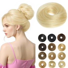 Thick Messy Bun Hair Piece Human Hair Wavy Fluffy Fake Bun Donut Updo Messy Buns Hair Pieces for Women with Elastic Band Lightweight Ponytail Extensions (1 Count #60 Platinum Blonde)