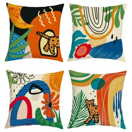 Joymaison Boho Floral Geometric Cushion Covers 45 x 45 Pack of 4 Abstract Modern Orange Aesthetic Floral Square Throw Pillow Case Decorative Sofa Cushion with Invisible Zipper