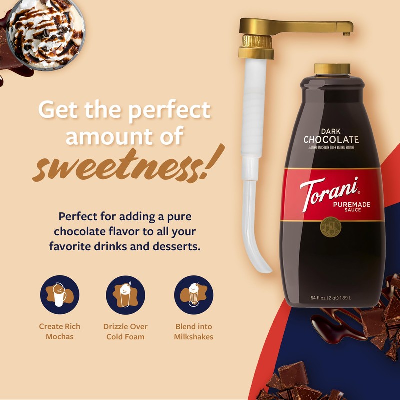 Torani Puremade Dark Chocolate Sauce for Coffeehouse Drinks and Desserts,