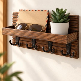 Wall Mounted Wooden Key Holder for Entryway Organization – Rustic Mail Organizer with 4 Hooks for Everyday Essentials