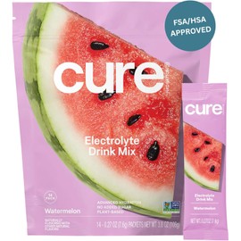 Cure Hydration | Plant-Based Electrolyte Drink Mix | No Added Sugar | FSA-HSA | Dehydration Relief Powder Made with Coconut Water | Non-GMO | Vegan | Pouch of 14 Packets - Watermelon