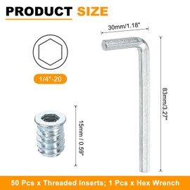 uxcell 50 Pcs Threaded Insert for Wood, 1/4" - 20 Carbon Steel Threaded Studs Hex Socket Drive Nut Inserts Screw in Nut Fastener Connector with Hex Wrench 15mm Length for Home, Silver