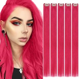 RUNATURE Pink Clip in Hair Extensions Human Hair Clip in Pink Hair Extensions Hot Pink Human Hair Extensions Clip in Real Hair 25g 5PCS