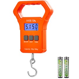 HEETA Fish Scale, 110lb/50kg Digital Portable Hanging Fishing Weight Scale with Backlit LCD Display, Luggage Scale with Hook & Non-Slip Large ABS Handle & 2 AAA Batteries, Fishing Gift for Men, Orange