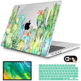 Mektron for MacBook Pro 14 inch Case 2021 2022 Release A2442, Plastic Hard Shell Case Screen Protector & Keyboard Skin & Webcam Cover Compatible with MacBook Pro 14" M1 Pro Chips, Watercolor Cactus