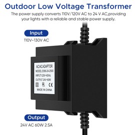 Karyoosi Outdoor Low Voltage Transformer 110/120V AC to AC 24V 2.5A 60W, Low Voltage Landscape Transformer, Power Supply Waterproof for Landscape Lighting, Fountain Lighting, Pool Light