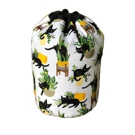 Black Cats and plants drawstring bag for knitting or crochet projects, Rummikub, Scrabble Mahjong tiles, reusable gift bag, Just Purrlanted, The Suebee