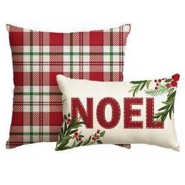 AVOIN colorlife Christmas Noel Buffalo Plaid Throw Pillow Covers Set of 2, 12x20 and 18x18 Inch Winter Xmas Holiday Cushion Cases Decoration for Sofa Couch