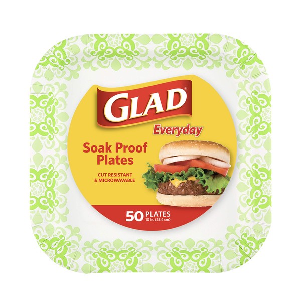 Glad Tabletop Square Disposable Paper Plates for All Occasions | Soak Proof, Cut Proof, Microwaveable Heavy Duty Disposable Plates | 50 Count (Pack of 1),Green