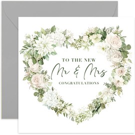 Mr and Mrs Wedding Card - White Botanical Floral Wreath Design - Modern Design - Congratulations to Bride and Groom on Special Day - Celebrations for Him and Her, Husband and Wife - Blank Inside