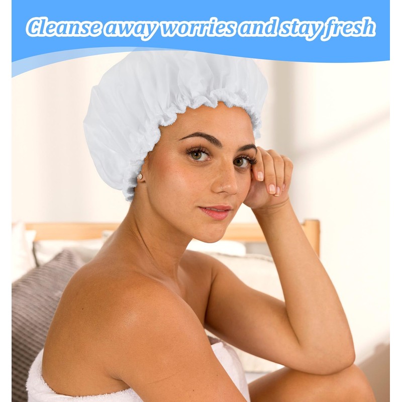 White Shower Cap, Terry Lined Shower Cap for Women, Double
