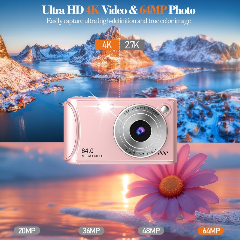 4K Digital Camera for Photography, 64MP Autofocus Vlogging Camera for