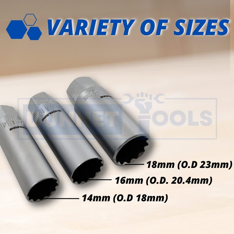 Dunnet Tools 3 Piece Spark Plug Socket Set 14 16
