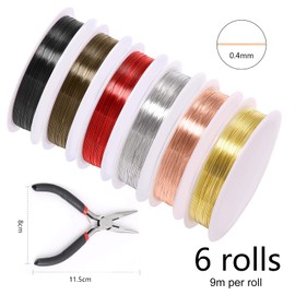 6 Rolls Jewelry Wire for Jewelry Making, VEGCOO Tarnish Resistant Copper Beading Wire with Mini Pliers, Bare Copper Wire for Beading Jewelry Craft Making, 26 Gauge(0.4mm)