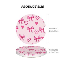 ABLESKY Car Coasters for Cup Holders, 2 Pack Absorbent Anti Slip Car Cup Holder Coasters, 2.56 Inch Ceramic Universal Size Auto Interior Accessories Women Men-Pink Bow Heart
