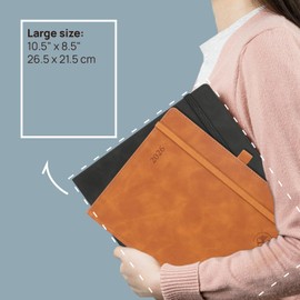 POPRUN Diary Week to View 2026 Large PU Leather Soft Cover Appointment Desk Book 26.5 x 21.5 cm - 26 Weekly Planner & Notebook in One, Inner Pocket, Monthly Tab (Brown）