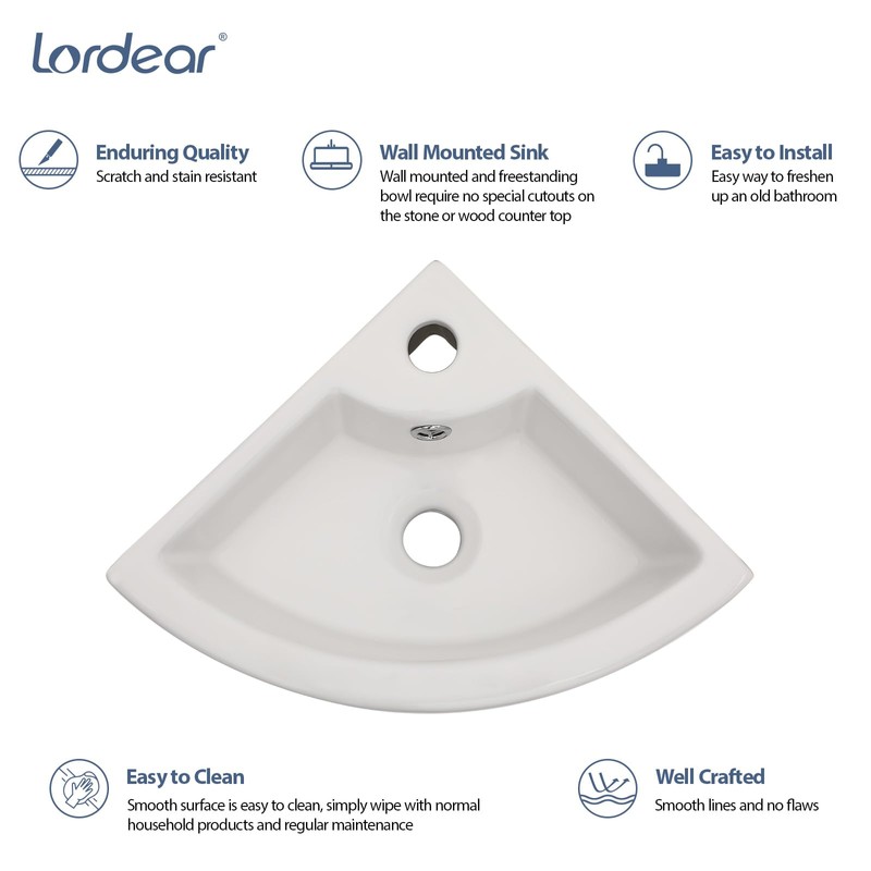 Lordear Wall Mount Corner Bathroom Sink 18 Inch White Ceramic