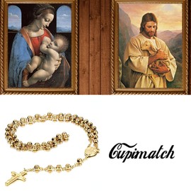 Cupimatch Unisex Long Gold Stainless Steel Cross/Crucifix Chain/Rosary Beads/Religious Chain for Christians/Catholics, Stainless Steel