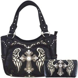 Western Style Rhinestone Cross Studded Laser Cut Wings Tooled Leather Purse Women Handbags Country Shoulder Bag Wallet Set (#4 Black Set)